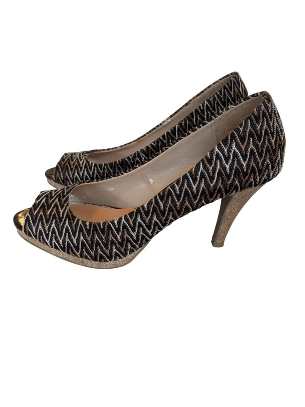Jones Studio Black Tan Embroidered Peep-toe High Heels Size 8 Wooden Heel